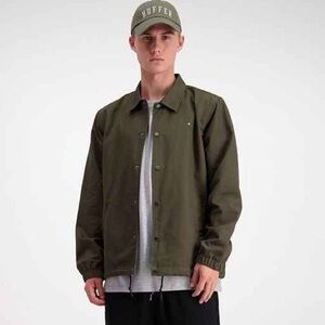 HUFFER Men's Canvas Coaches Jacket Snap Front Olive Green Size Large